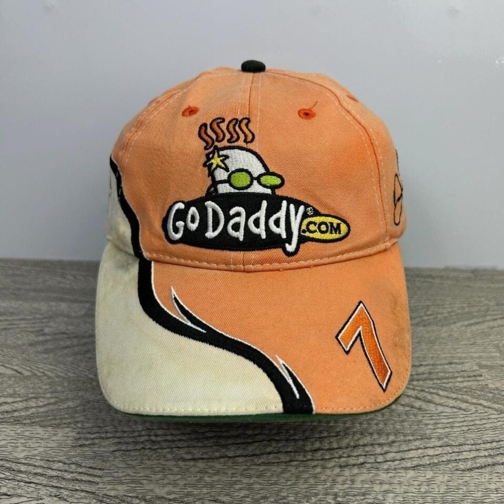 Vintage Nascar Racing Hat Cap Strap Back Orange GO DADDY Chase Authentic
